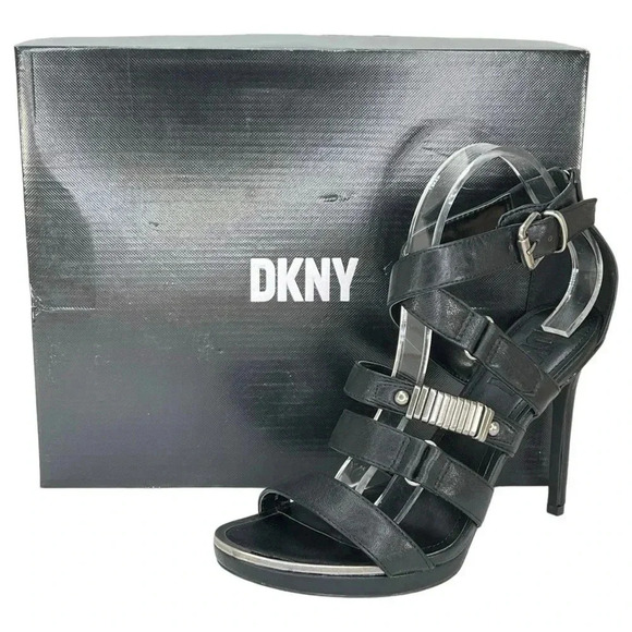 DKNY Deb Black Strappy Faux Leather Womens Heels Size 10M - Picture 15 of 16